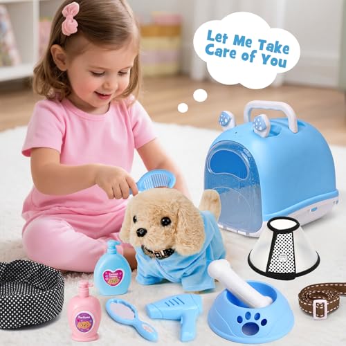 Tacobear Hund Spielzeug Kinder der Läuft und Bellt, Elektrischer Hund mit Leine Hundekäfig Hundemantel Interaktives Haustier Kuscheltier Spielhund Geschenk Spielzeug für Mädchen Junge 3 4 5 6 Jahre