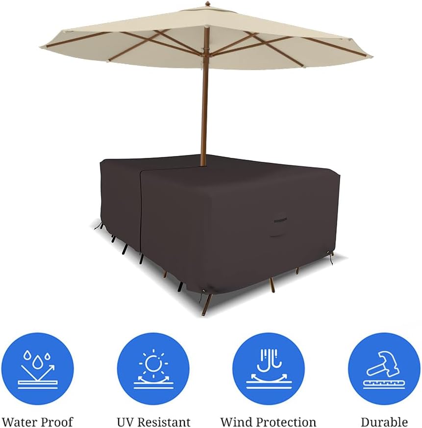 Covers & all Rectangle Table & Chair Set Cover, Umbrella Hole, 12 Oz Waterproof UV & Weather Resistant, Patio Lawn Garden Backyard Furniture, Air Vents & Drawstrings (88"L x 58"W X 23"H, Coffee)