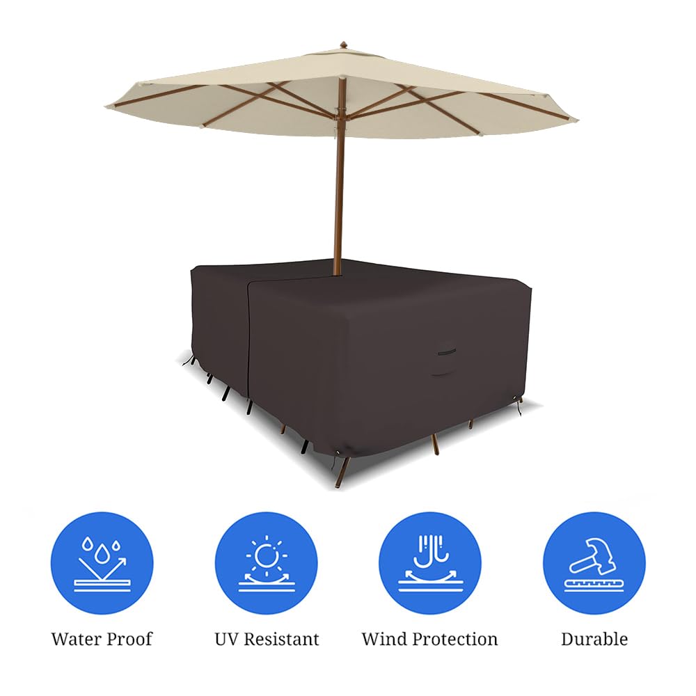 Covers & All Prostokątny stół i krzesło patio zestaw pokrowiec z otworem na parasol - wytrzymały 45 ml wodoodporny pokrowiec na meble z tyłu z kieszenią powietrzną i sznurkiem do wygodnego dopasowania (190 cm szer. x 115 cm gł. x 76 cm wys. , kawa)