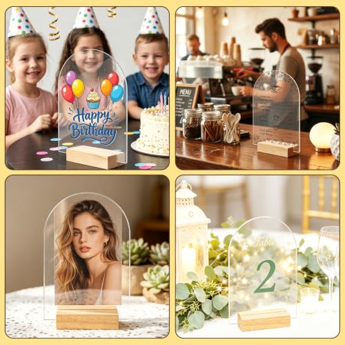 Image of Bercoor 15 Pack 4x6 Inch Blank Clear Arch Acrylic Sign with Wooden Stands, Arched Round Top Acrylic Sheet, DIY Acrylic Arch Table Numbers for DIY Name Card Gifts Event Party Sign Decoration