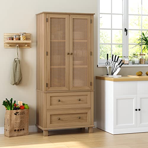 Fotosok Kitchen Pantry Storage Cabinet, Tall Storage Cabinet With Rattan Doors And 2 Drawers, Freestanding Kitchen Cupboard With Adjustable Shelves, Utility Pantry For Kitchen, Dining Room #TOP4