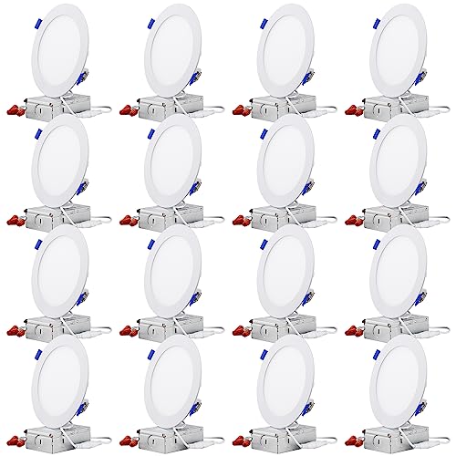 TORCHSTAR 16 Pack 6 Inch Ultra-Thin LED Recessed Lighting with Junction Box, 12W 1000lm Dimmable Recessed Downlight, 3000K Warm White, ETL & Energy Star Listed