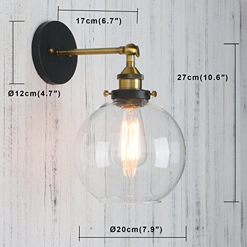 Permo Wall Sconce Vintage Industrial 1-Light Rustic Wall Mount Light Fixture with 7.9" Round Clear Glass Globe Shade (Antique)
