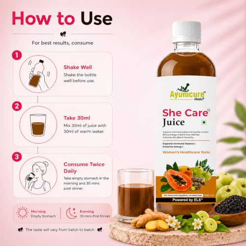 Image of Ayumcure She Care Juice for Women, 500ml | Supports Hormonal Balance, PCOS /PCOD Support & Regular Menstrual Cycles | With Ashok Chaal, Papaya Leaf, Daru Haldi, Bel Ka Fal, Amla, Giloy & Herbs | No Added Sugar