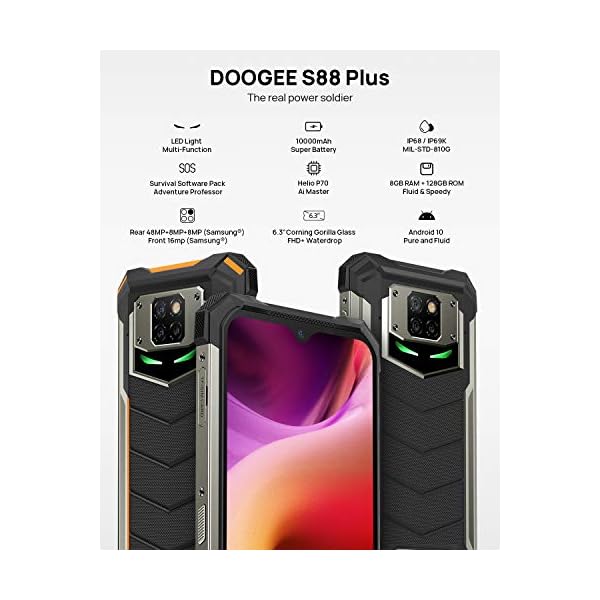 DOOGEE-S88-Plus-Official-Rugged-Smartphone-Unlocked10000mAh-Battery-48MP-Triple-Camera-Waterproof-Smartphone-8GB-128GB-Android-100-IP68IP69K-Unlocked-Cell-Phone-4G-2021-Orange DOOGEE Rugged Smartphone, S88 Plus (Official), 10000mAh Battery, 8GB +128GB Unlocked Cell Phone, 48MP Triple Camera, IP68 Waterproof Smartphone, 4G / Android 10.0 / NFC 2021 (Orange)
