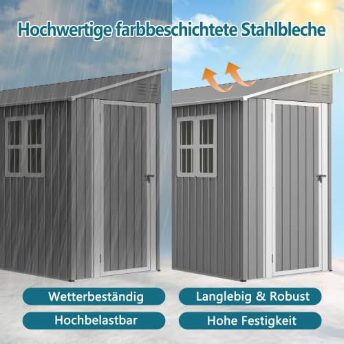 Metall Gerätehaus 1,2 x 3 m (ca. 4x10 Fuß) – Anlehn-Geräteschuppen mit Boden-Kit, abschließbarer Tür & 2 Fenstern – wetterfest für Fahrräder & Aufbewahrung