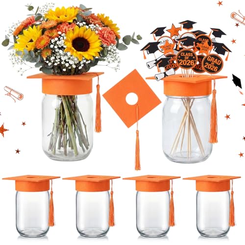 Qinyoung 6 Pcs 2026 Graduation Table Decoration Centerpiece Class of 2026 Graduation Decoration for Table Mason Jar with Grad Cap for Centerpiece Flower College High School Congrat Grad Party (Orange) by Qinyoung - Used condition - US$14.39