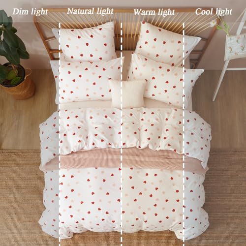 Image of Heart Duvet Cover Set Queen Size,White Pink Red Heart Pattern Bedding Duvet Cover Girls with Zipper Closure,Breathable Microfiber Comforter Cover 90 inchx90 inch and 2 Pillowcases 20 inchx30 inch