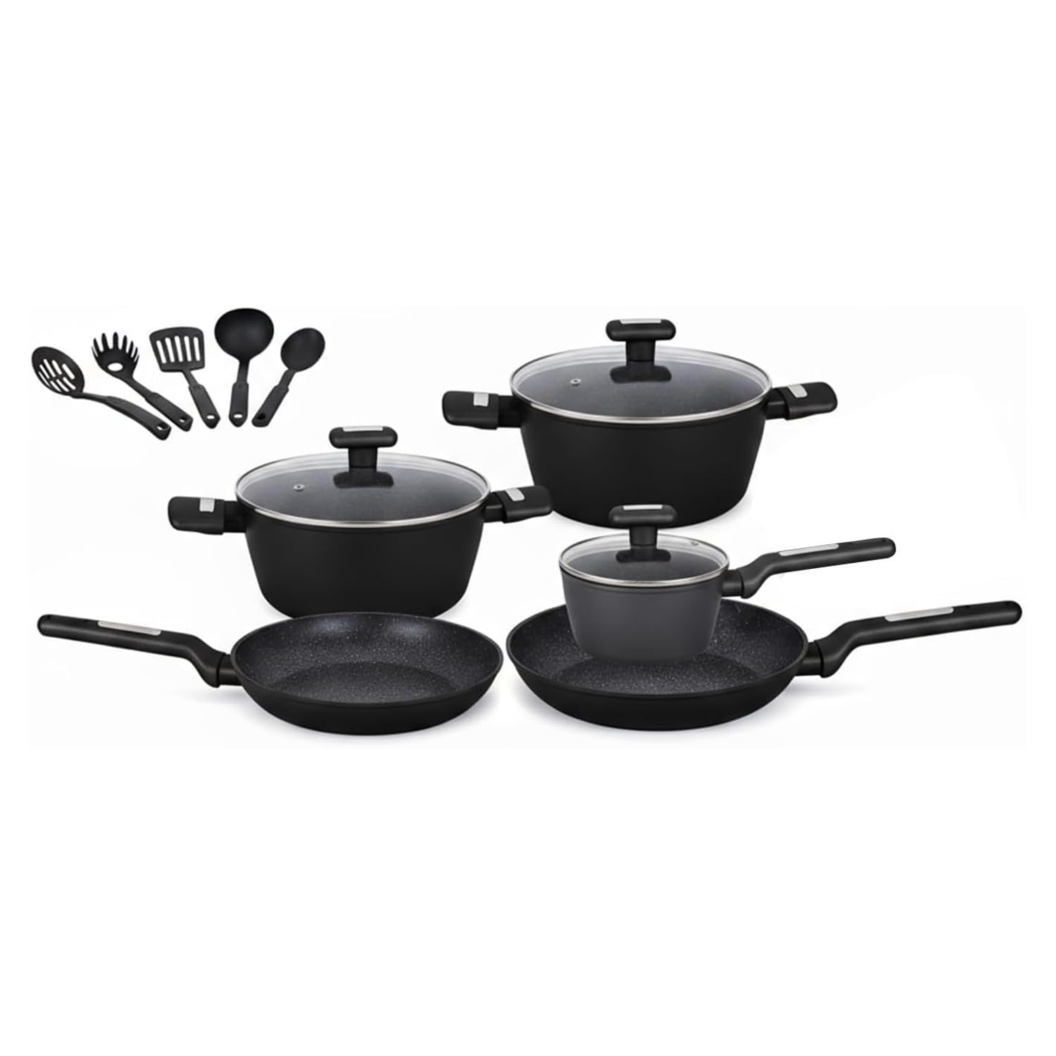 Wintem - Batteria Pentole e Padelle 13 Pezzi Antiaderenti nere per Cucina Moderna e Tradizionale Compatibile con Piano a Induzione, Rivestimento in Alluminio, Coperchi in Vetro e Manici Ergonomici