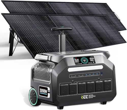 【2025新モデル】IEE P3200 ポータブル電源 ソーラーパネル セット500W 2枚 大容量 2048Wh 長寿命15年 リン酸鉄 業界最速級の充電速度 50分でフル充電 定格出力3200W 瞬間最大6400W キャスター付き 16台機器同時充電可能 停電対策 節電 防災推奨 EPS機能 アプリ遠隔操作 純正弦波 AC100V 50Hz/60Hz対応の商品画像（Amazon）