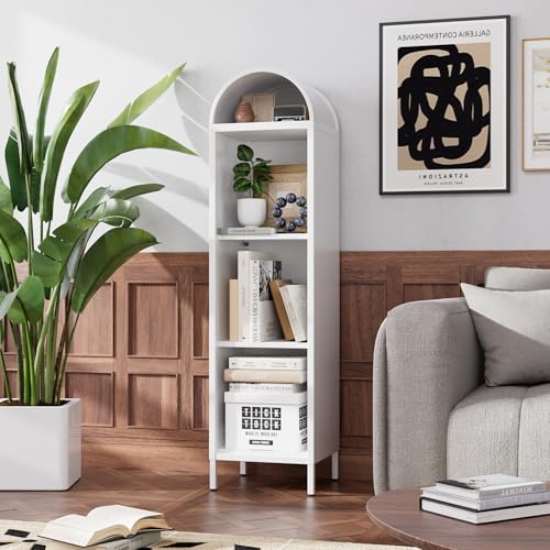 Image of 63 inch H Metal Arch Bookshelf with 2 Adjustable Shelves, Open Arched Display Cabinet,Kitchen Pantry for Dining Room, Living Room, Office, Bathroom, Assembly Required,White
