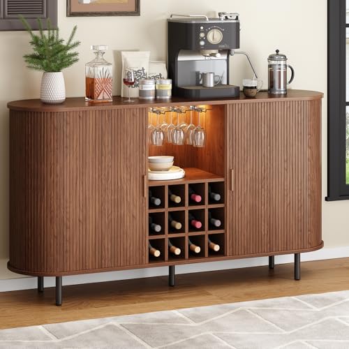 Image of ONBRILL 63 inch Wine Bar Cabinet with LED Light,Modern Liquor Whiskey Coffee Station with Wine Rack and Glass Holder, Farmhouse Buffet Sideboard with Storage for Living Room, Kitchen, Entryway (Walnut)