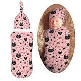 AuHomea Halloween Cute Cartoon Bat Newborn Swaddle Blanket with Beanie Set Soft Baby Sleep Sack Stretch Adjustable Swaddle Wraps Receiving Blankets