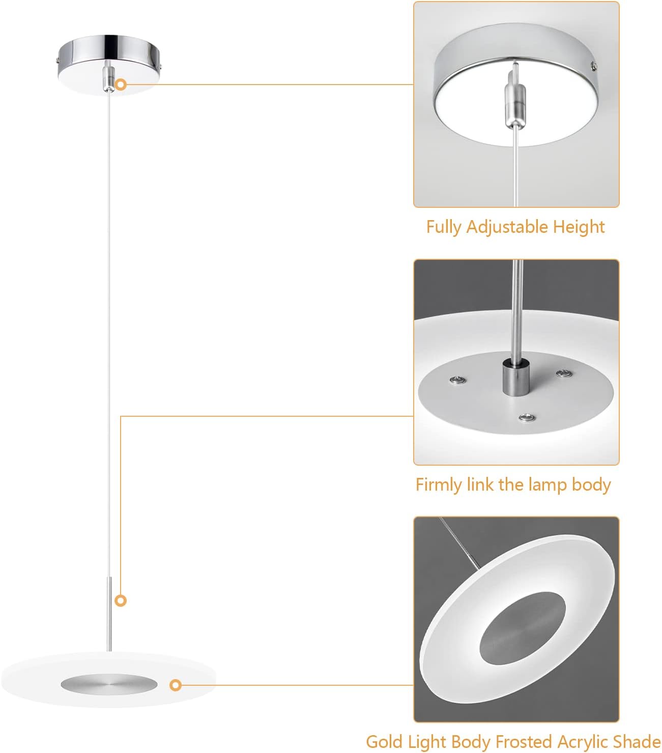 Modern Pendant Light Kitchen Light Fixtures Ceiling LED 6000K Dimmable Mini Chrome Plating Pendant Lights Pendant Lighting for Kitchen Island Bedroom Dining Room Hallway (3-Pack)