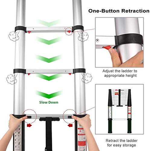 Toolitin Telescoping Ladder,12.5 FT One Button Retraction Aluminum Telescopic Extension Ladder,Slow Down Design Extendable Ladders Portable Best for Household Daily or RV Work,330 Pound Capacity… - Thumbnail 4
