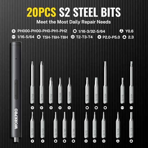 Image of WORKPRO 20-in-1 Mini Electric Screwdriver with Magnetizer & S2 Steel Bits, 3.6V Rechargeable Precision Screwdriver Set for Electronics, Phone, Camera, Laptop & Watch