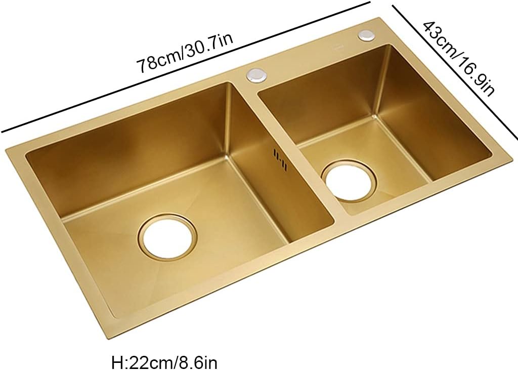 Kitchen Sink. Double Bowl Bar Counter Ready Brushed Gold Double Bowls 304 Stainless Steel with Square Tap and Drain Pipe Drop-in Or Undermount (Color : Gold, Size : 78×43×22cm)