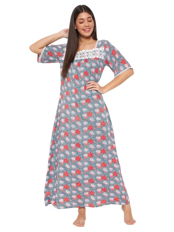 Image of Clovia Women's Rayon Printed Long Night Dress in Grey Colour