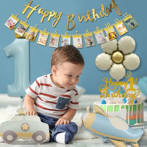 1st Birthday Decorations for Boys With Photo Banner, Blue and Gold Balloons, Number 1 Cake Topper, and Car Balloons - Image 6