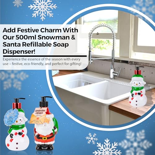Image of Simple Pleasures Snowman & Santa 2 Pack: Cranberry Orange Scented Decorative Refillable Soap Dispensers for Kitchen Countertops and Bathroom Sinks