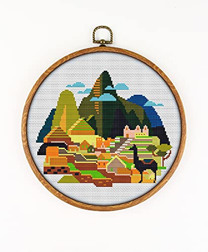 Machu Picchu Peru CS1181 - Counted Cross Stitch KIT#2. Set of Threads, Needles, AIDA Fabric, Needle Threader, Embroidery Clippers and Printed Color Pattern Inside.