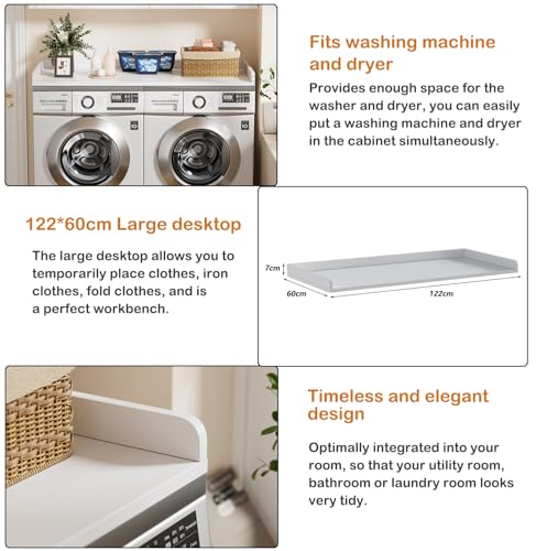 MSFE Werkblad voor wasmachine en droger, 122 x 60 x 7 cm, wasmachine-onderlegger, wasmachinerek, afdekking wasmachine, opslag en organisatie - Afbeelding 4