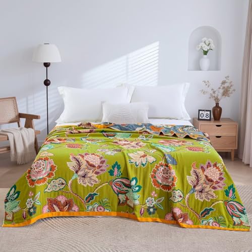 BRYALIX Boho Floral Throw Blanket, 100% Cotton Muslin Olive Green Botanical Woven Throw, Reversible Bedspread Vintage Jacquard Blanket, All Season Reversible Blankets for Sofa Couch Chair, 60"x80"