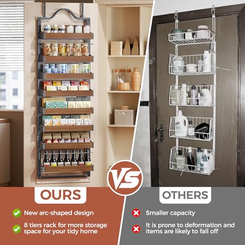 8-Tier Pantry Door Organizer, Over the Door Pantry Organizer with Wooden Adjustable Baskets, 2 IN 1 Spice Rack Wall Mount or Door Organizer, Door Spice Rack for Pantry（72.6×17.1×5.1in,Black) by Freexployer - Image 8