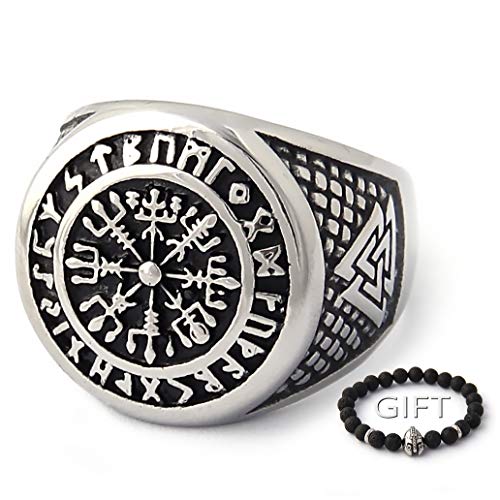 ENXICO Vegvisir The Viking Runic Compass Ring with Rune Circle and Double Valknut Symbol 316L Stainless Steel Norse Scandinavian Viking Jewelry (13)