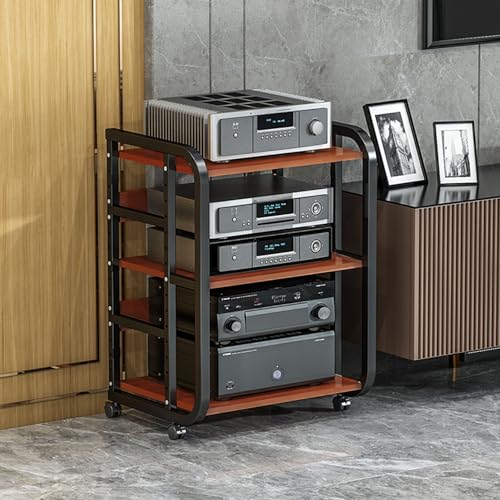 Media Stand Cabinet, Movable 3-Tier Audio Video Rack Tower CD Record Player Stand Stereo Component Cabinet with Height Adjustable Wooden Shelf for Home/Office/Theater(Color:A)