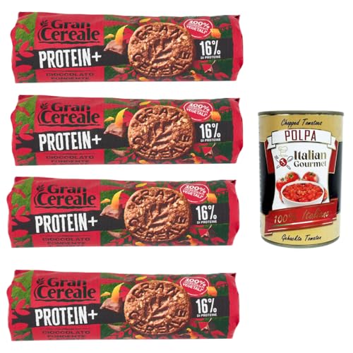 GranCereale PROTEIN+ Kekse 4x230g – 16% Protein, 100% pflanzlich, knusprig mit dunkler Schokolade – ohne Palmöl, recycelbare Verpackung + Italian Gourmet polpa