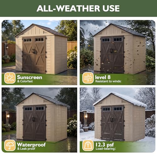 Image of Aoxun 8x6 Ft Outdoor Storage Shed with Lighe & Floor, Resin Outdoor Shed with Lockable Door & Windows, Garden Sheds for Lawn Tools, Pool Supplies & Bikes