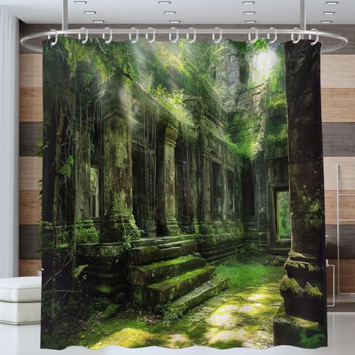 Jungle Ancient Temple Shower Curtain 180x180cm Mysterious Architecture Bathroom Curtains Mould Proof Weighted Polyester Fabric Bath Curtain with 12 Hooks, Moss Green Washable Quick-Drying Curtains
