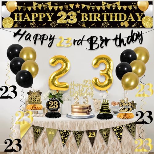 Image of 23rd Birthday Decorations for Men, Black Gold 23rd Party Decoration Kits | 27pcs Happy 23rd Birthday Set, Banner, Honeycomb, Balloons, Gold Number, Candle, Hanging Swirls, Cake Topper, Party Supplies