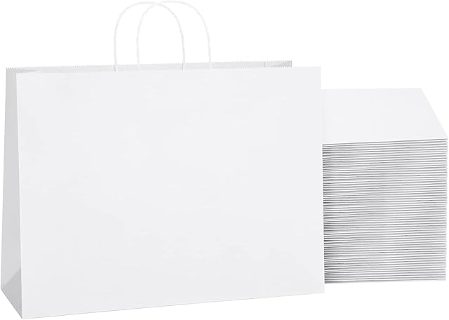 SHOPDAY White Paper Bags with Handles 16x6x12, 25 Pack Large Kraft Paper Bags Bulk, Tote Bags Shopping Bags, Paper Gift Bags, Retail Bags Merchandise Bags for Grocery Business Takeouts