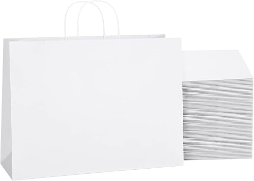 SHOPDAY White Paper Bags with Handles 16x6x12, 25 Pack Large Kraft Paper Bags Bulk, Tote Bag Shopping Bags, Paper Gift Bags, Retail Bag Merchandise Bags for Grocery Business Takeouts