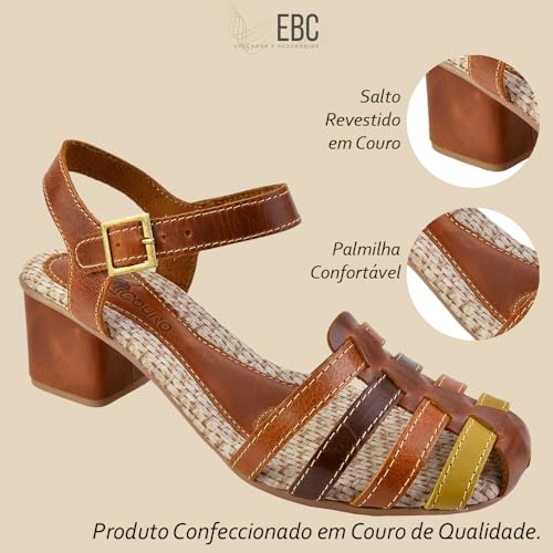 Sandália Feminino Artesanal Couro Rústico Salto Alto Bloco Quadrado Tiras Corte Laser Confortável SC