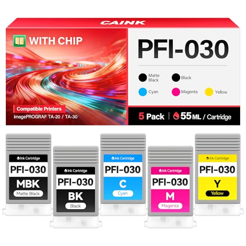 Image of PFI-030 Pigment Ink Tank Kit 55ml 5-Pack Replacement for Canon PFI-030MBK PFI-030BK PFI-030C PFI-030M PFI-030Y Ink Cartridges Compatible for imagePROGRAF TA-20 TA-30 Printer Black Cyan Magenta Yellow