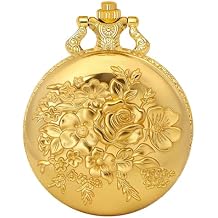 Tiong Pocket Watch Flower 3D Pattern Vintage Quartz Pocket Watches with Chain Christmas, Graduation, Birthday Gifts Mother's Day