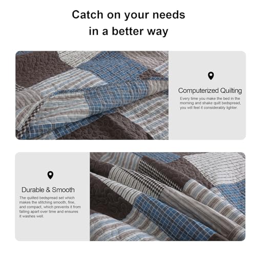 PANGUSHAN 100% Cotton Quilt Set Queen Size, Patchwork Plaid Queen Quilt Bedding Set Bedspreads, Farmhouse Lightweight Comforter Reversible Quilt, Blue/Brown Bed Spread for Queen Bed, 3 Pieces by PANGUSHAN - Used condition - Image 7