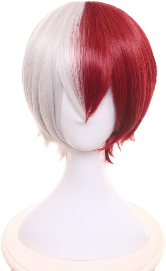 LZT Synthetic Short Straight Red Gray Anime Cosplay Hair Wig for My Hero Academia Shoto Todoroki with Free Wig Cap