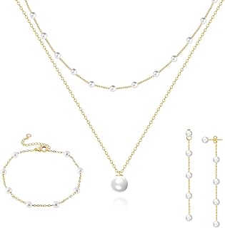Gold Pearl Necklace for Women, Dainty 14K Gold/Silve Plated Layered Pearl Choker Pearl Earrings Pearl Bracelets Wedding Trendy Gold Jewelry Set for Women Gifts