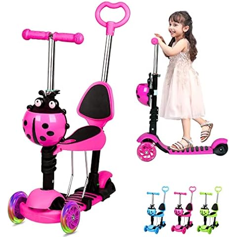 Kids Scooter, 3 Wheels Kick Scooter with LED Flashing Light, Adjustable Removable Handlebar & Seat & Push Handle for 2-8 Years Old Boys and Girls (Pink) Cover