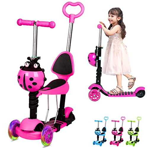 Kids Scooter, 3 Wheels Kick Scooter with LED Flashing Light, Adjustable Removable Handlebar & Seat & Push Handle for 2-8 Years Old Boys and Girls (Pink)