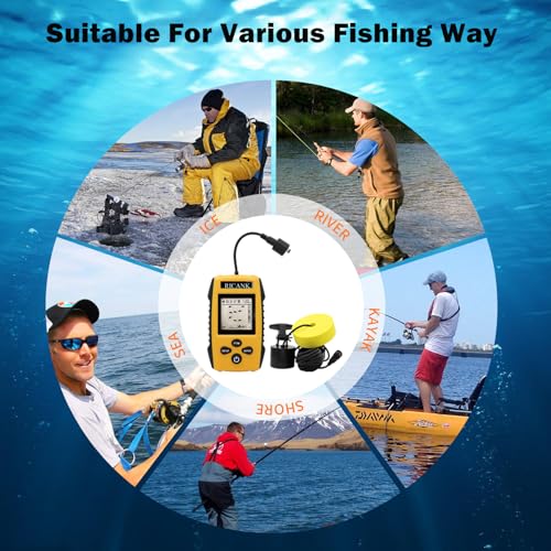 Image of Portable Fish Finder, Handheld Fish Depth Finder Contour Readout Fishfinder Ice Kayak Shore Boat Fishing Fish Detector Device with Sonar Sensor Transducer and LCD Display Gear Fish Depth Finder