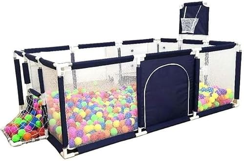 Baby PlayPen with Ball Pit, Large Rectangular Safety Enclosure, Navy Blue and White