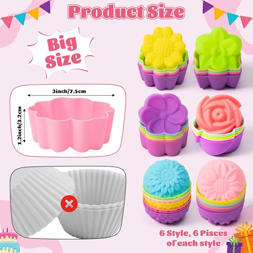 R HORSE 42Pcs Extra Large Silicone Molds, 3 x 1.2 inch Jumbo Cupcake Multi Flower Shapes Baking Cups Non-Stick Donut Wrapper Mold Muffin Liners Washable for Pan Oven Microwave Dishwasher