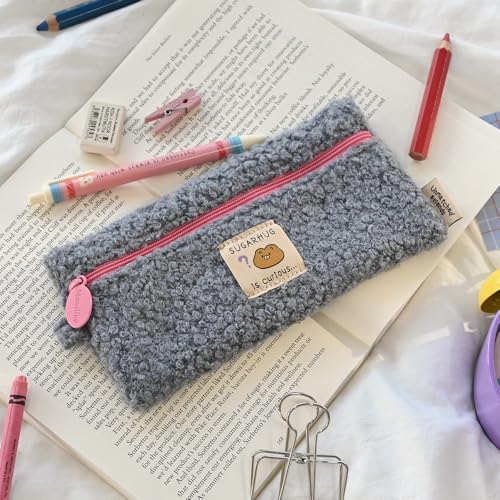 Image of Monolike Unmatched Friends Bbogeuli Pencil Case, Blue - Slim Fuzzy Fleece Pen Pouch for Daily Use with Stain-Resistant Lining