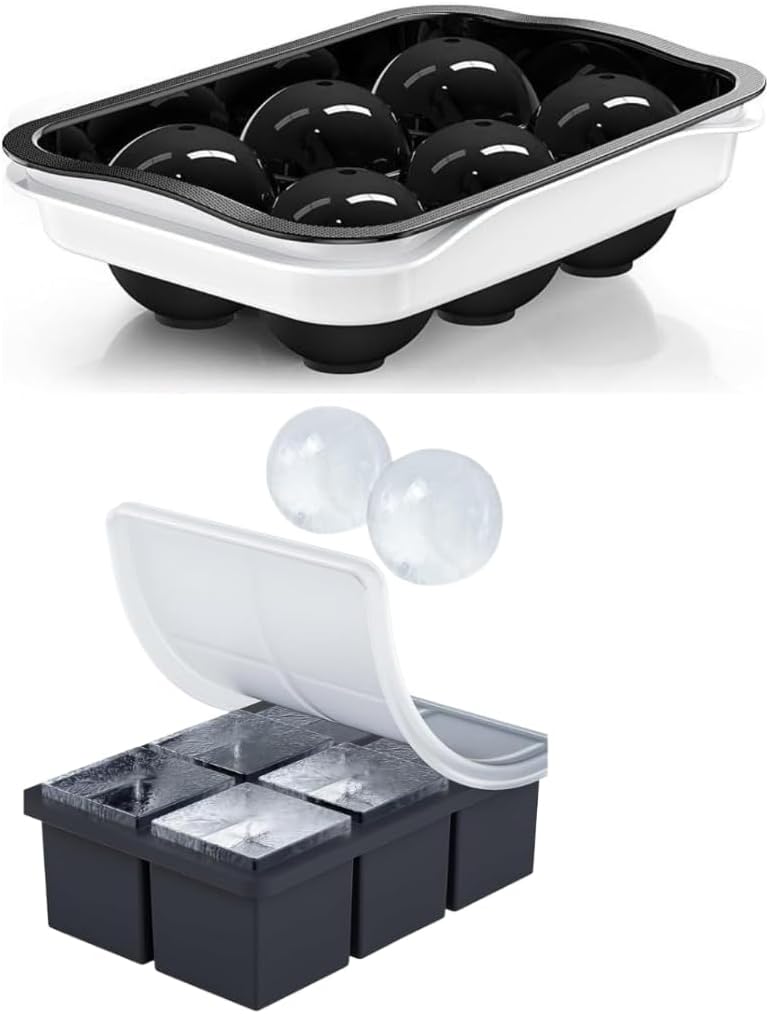 SPRQCART Ice Cube Trays (Set of 2), Sphere Ice Ball Maker with Lid & Large Square Ice Cube Maker for Whiskey, Cocktails and Homemade, Keep Drinks Chilled (Square & Round Ice Cubes)
