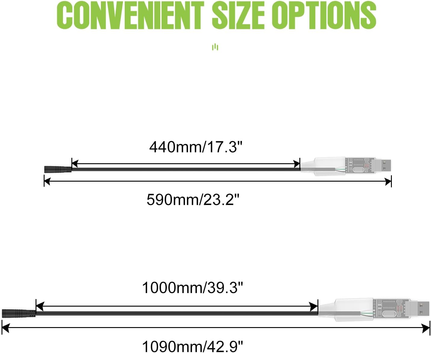 Diagram illustrating the two available lengths of the BAFANG USB Programming Cable: 590mm (23.2 inches) and 1090mm (42.9 inches).